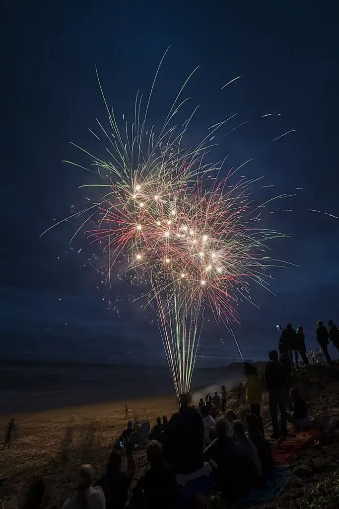 Colourful fireworks exploding over a night-time beach as a large crowd watches, ideal for event, travel, and editorial photography