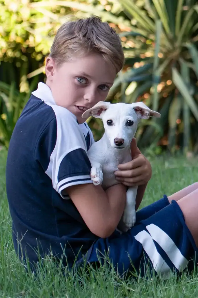 Young boy hugging a white puppy in a lush green garden – lifestyle pet photography in Johannesburg using natural light