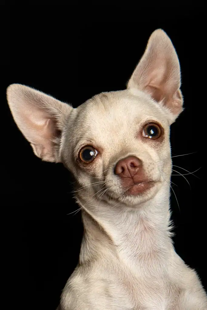 Close-up of a light-coated Chihuahua with wide eyes against a dark studio background – professional pet photography in Johannesburg