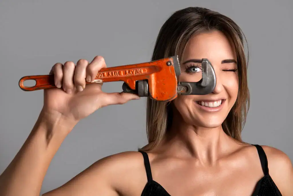 Smiling woman in a black top holding an orange pipe wrench in front of one eye, winking playfully against a grey background