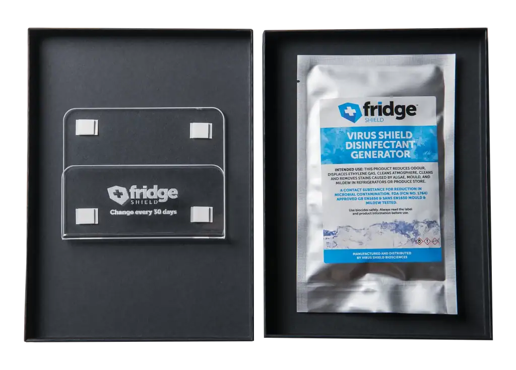 Studio image of Virus Shield Fridge Shield Disinfectant Generator kit, designed for reducing odour, mould, and ethylene gas in cold storage environments