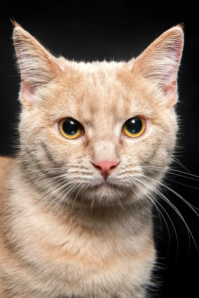 Closeup of a ginger tabby cat with bright yellow eyes against a black studio background