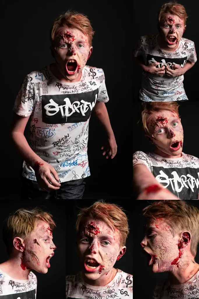 Teen boy in dramatic zombie makeup with fake wounds and torn skin poses in a variety of expressions for horror-themed editorial or creative portrait session