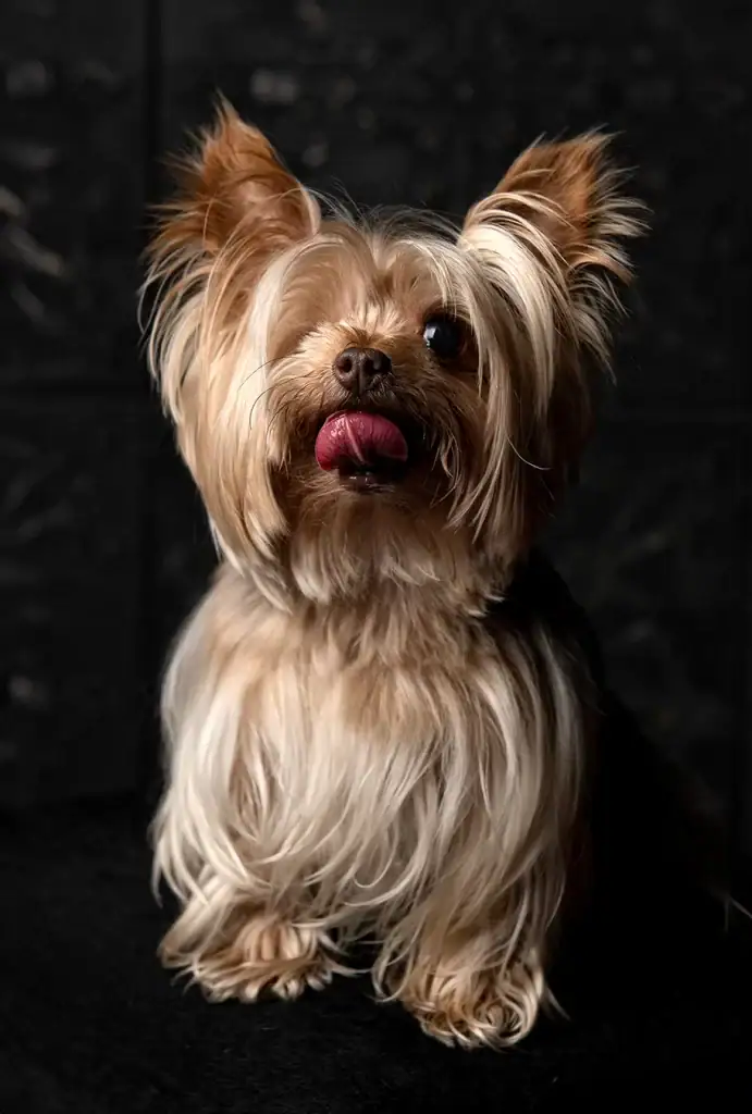 Adorable Yorkshire Terrier sitting on black backdrop with tongue out and silky fur glowing under soft studio light