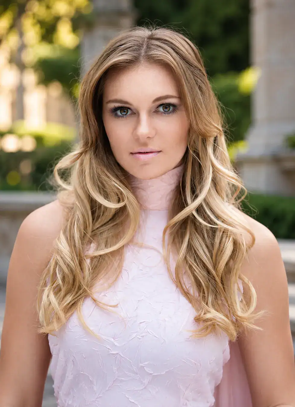 Young woman in a pale pink formal dress photographed outdoors for a matric farewell portrait in Johannesburg